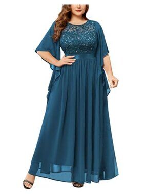 Plus Size Sequin Lace Cape Sleeve Formal Evening Gown Maxi Dress A-Line